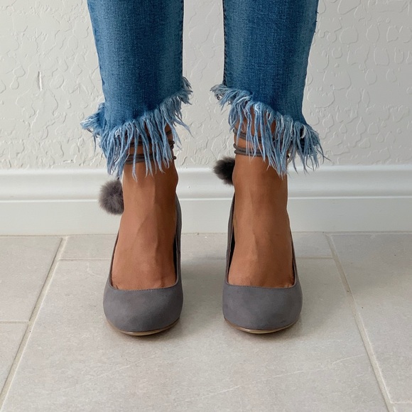 Ash Grey Chic Pom Pom Mary Jane Block Heel Pump - Picture 5 of 7